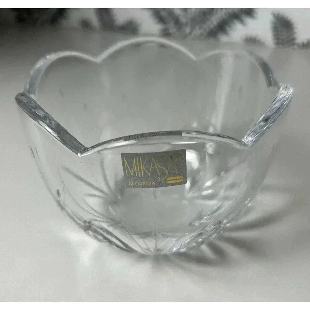 Vintage Mikasa Lead Glass Candy Dish ~ Bowl w/ Etched Leaves & Scalloped Edge